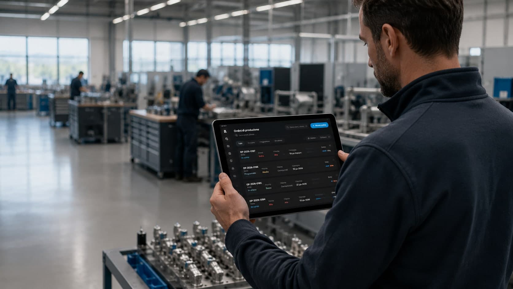Ordini di produzione consultati su tablet in officina