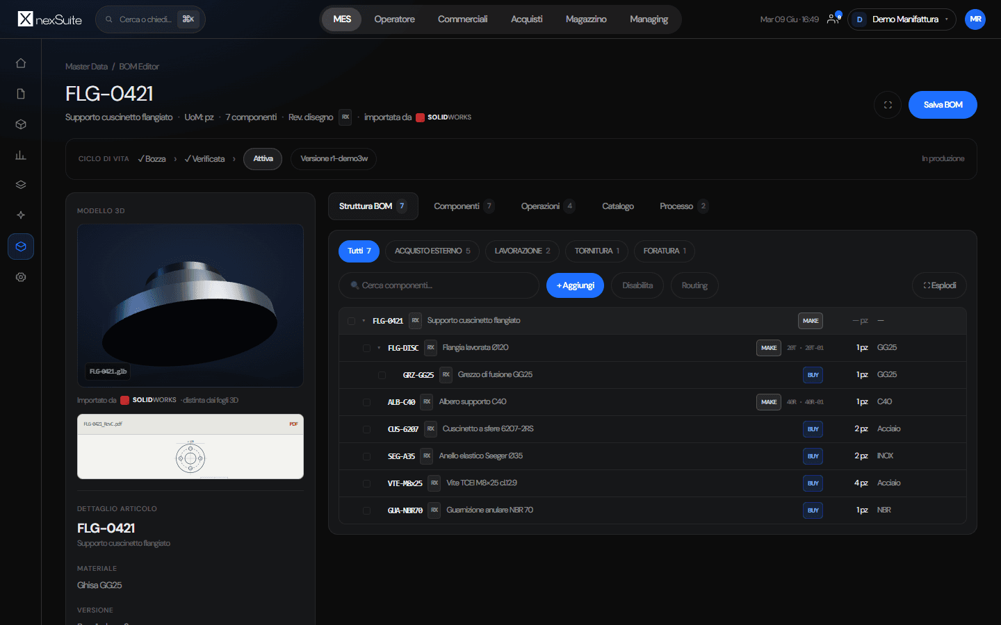 NexSuite - BOM Editor: distinta importata dal CAD con componenti e operazioni